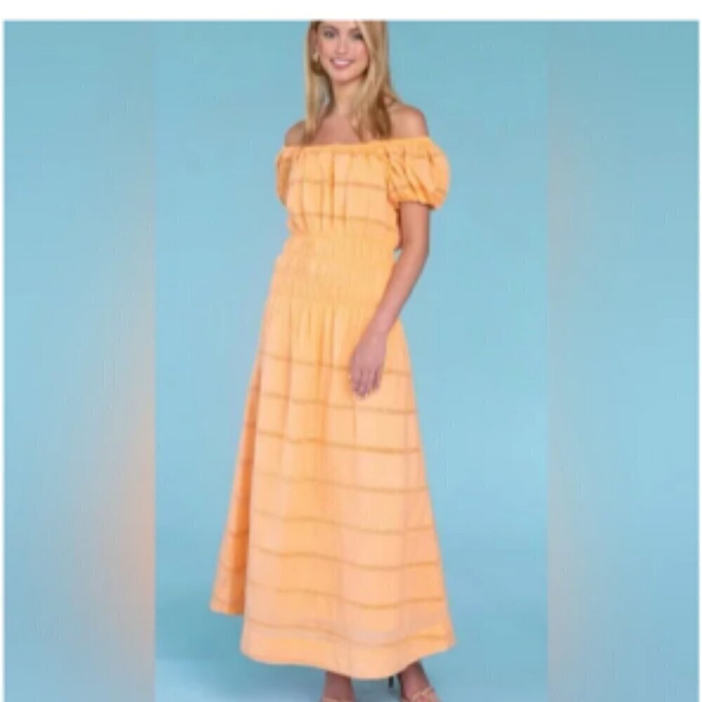 Olivia James The Label Tiered Eyelet Trim Maxi Peasant Dress NWT Size Small